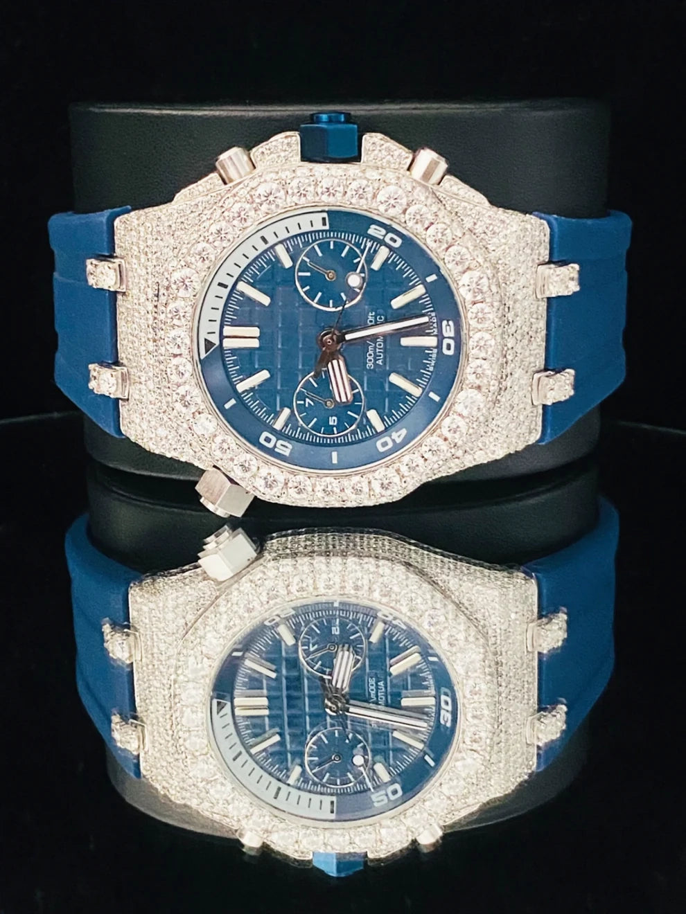 Bezel Dial Royal Blue Silicon Strap Hip Hop Moissanite Watch