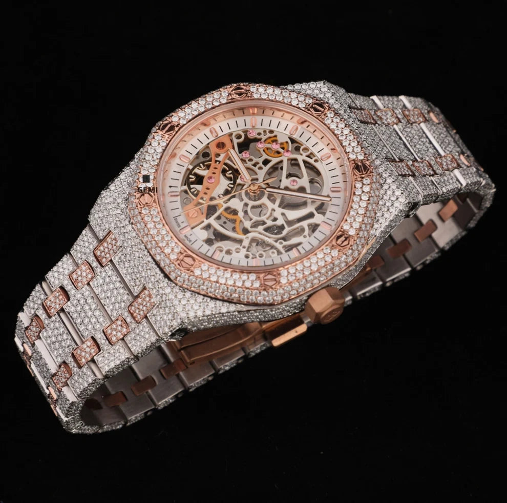 Men's 41MM Fully Studded Moissanite Iced Out Skeleton Watch