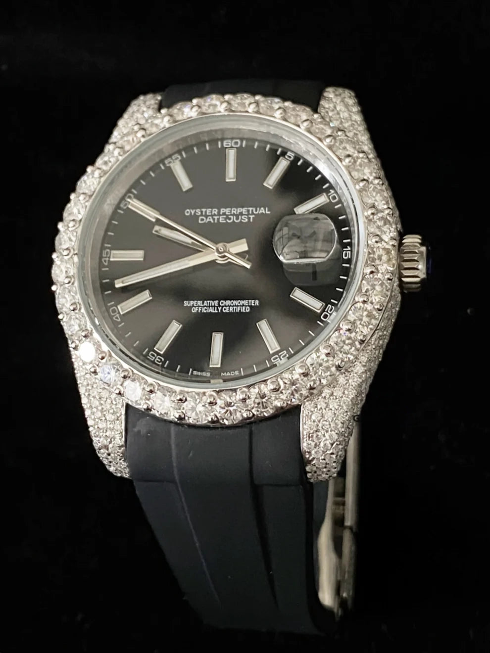 Big Bezel Black Dial Moissanite Watch With Black Silicon Strap