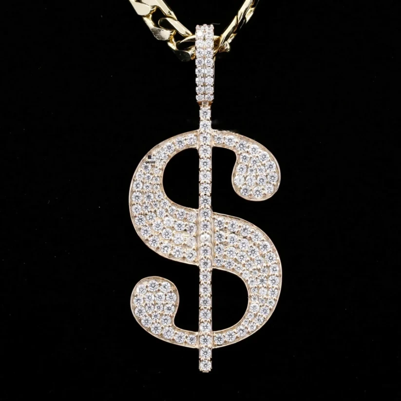 front view Iced out diamond dollar sign pendant necklace on a thick gold cuban link chain.