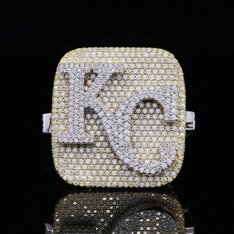 front view of the Iced out Kansas City KC logo diamond championship style ring
