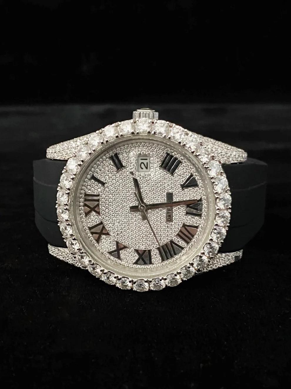 Elegant Half Iced Out VVS Moissanite Watch With Black Silicon Straps