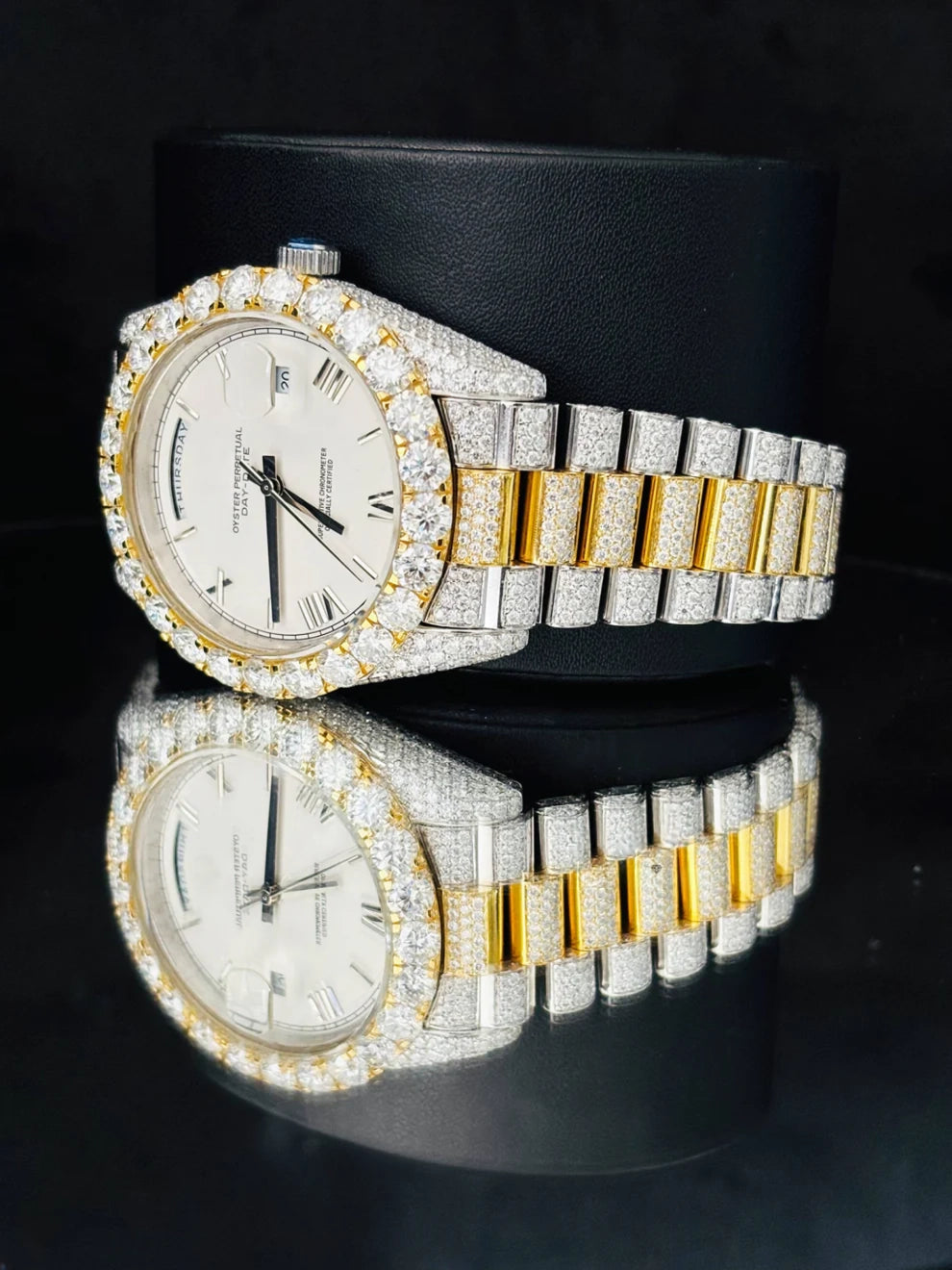 Dual Tone White Dial Roman Number Moissanite Watch