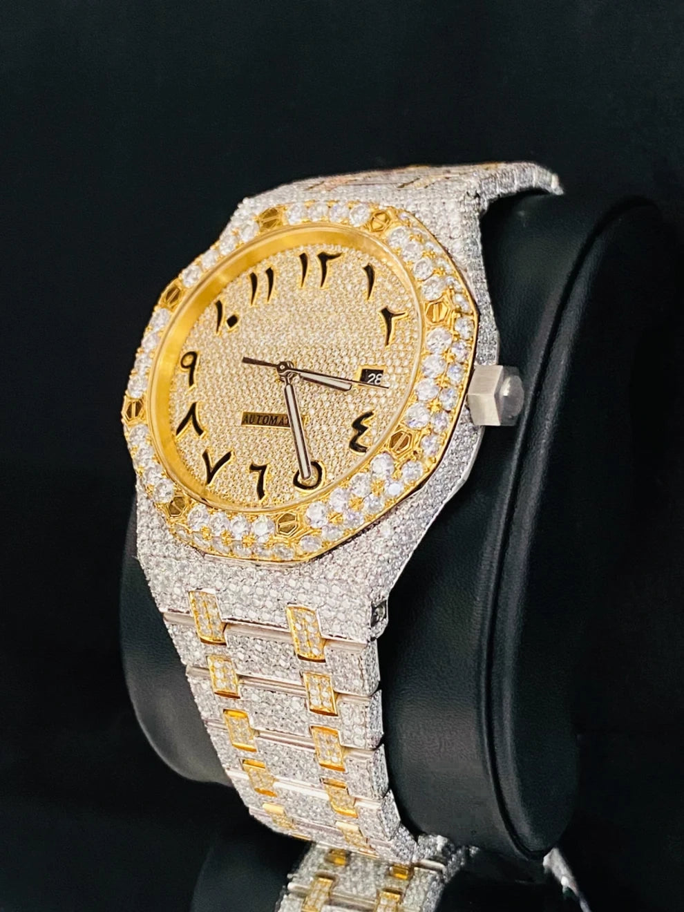Two Tone Arabic Number Fully Studded Moissanite Watch