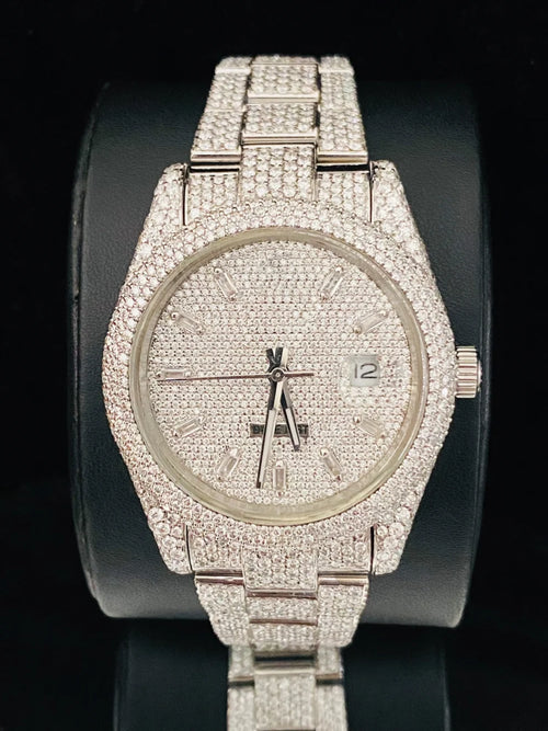 silver-tone iced-out wristwatch featuring an entirely pave-set diamond dial and link watch
