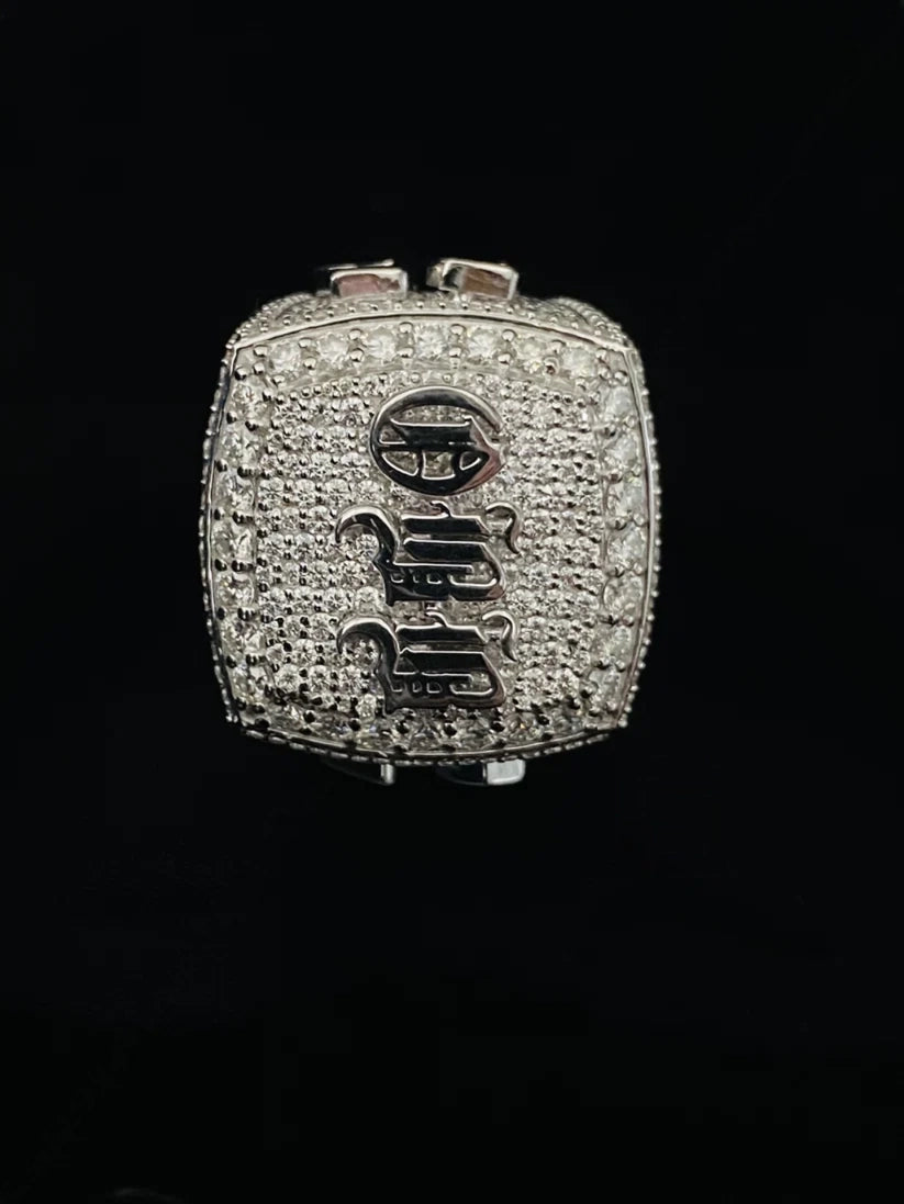 front view ustom silver championship ring with iced-out pavé diamonds 