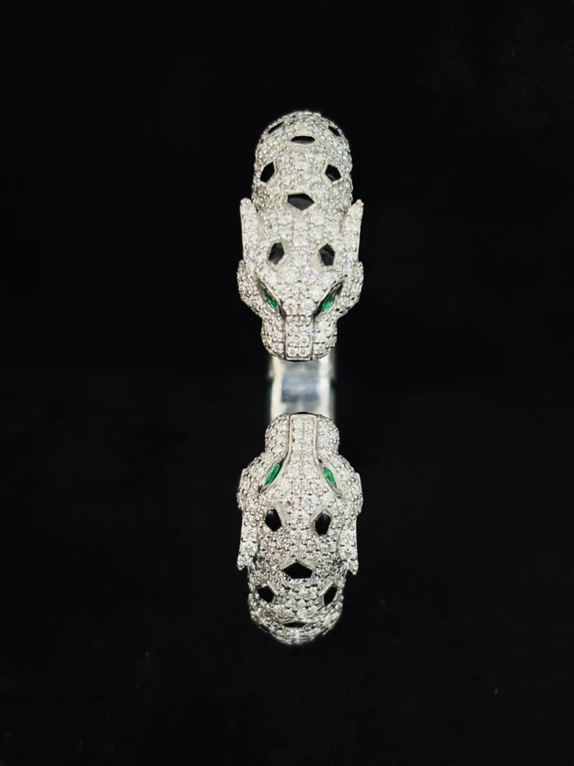 925 Silver Moissanite Iced Double Head Panther Bracelet For Men