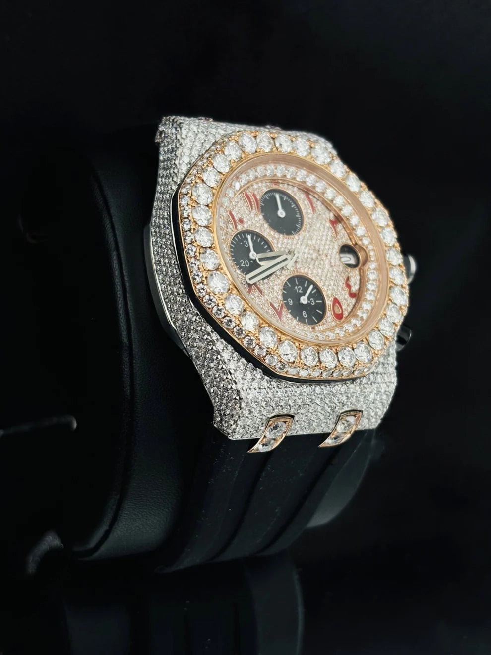 Red Arabic Number Moissanite Watch With Black Silicon Straps