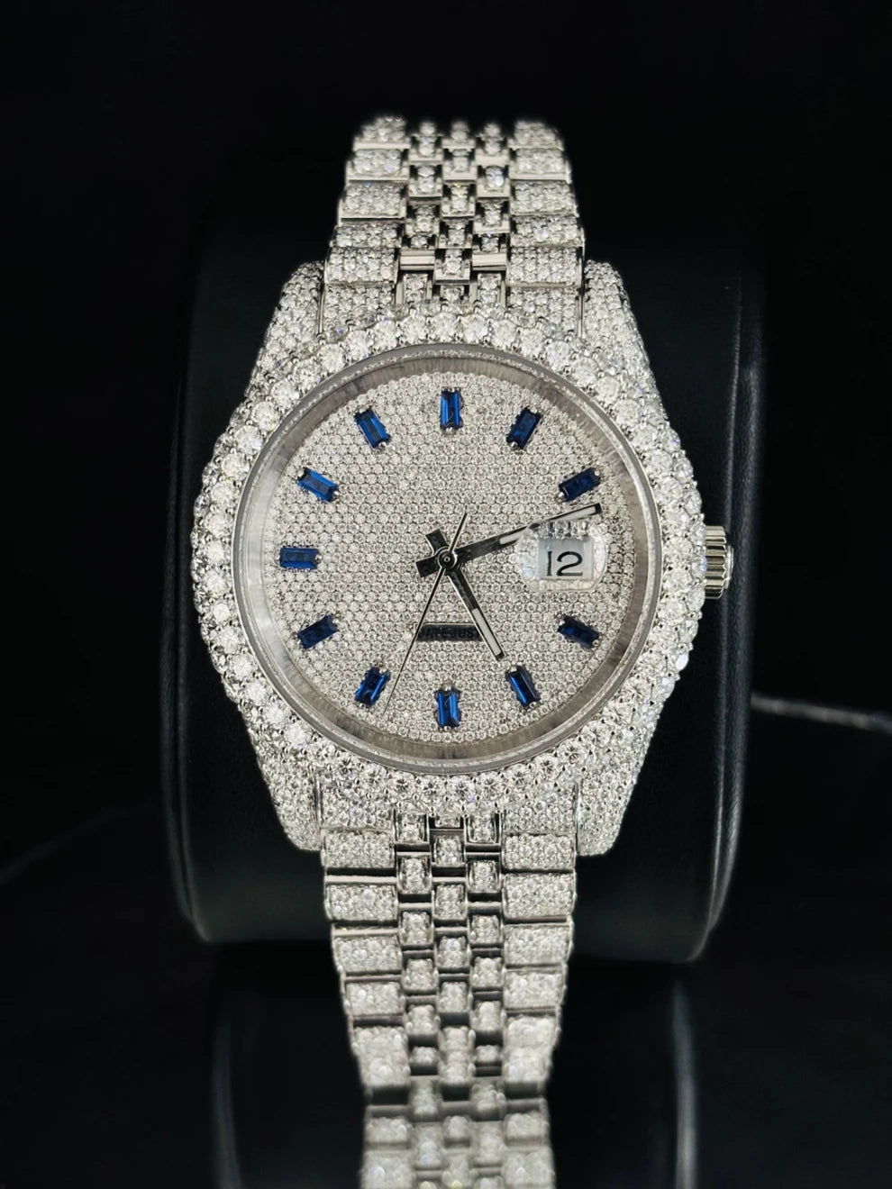 Blue Baguette Bar Jubilee Strap Studded Moissanite Watch