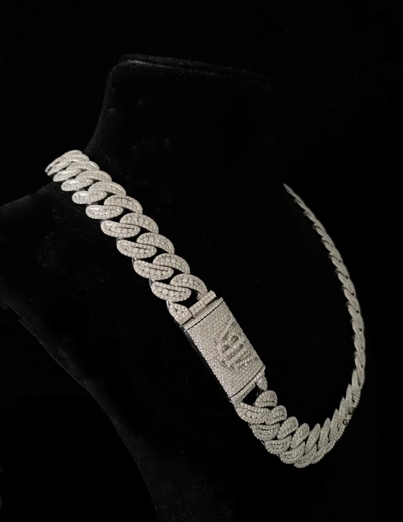 Iced out Cuban link necklace, sterling silver pave diamond chain for men, hip hop jewelry