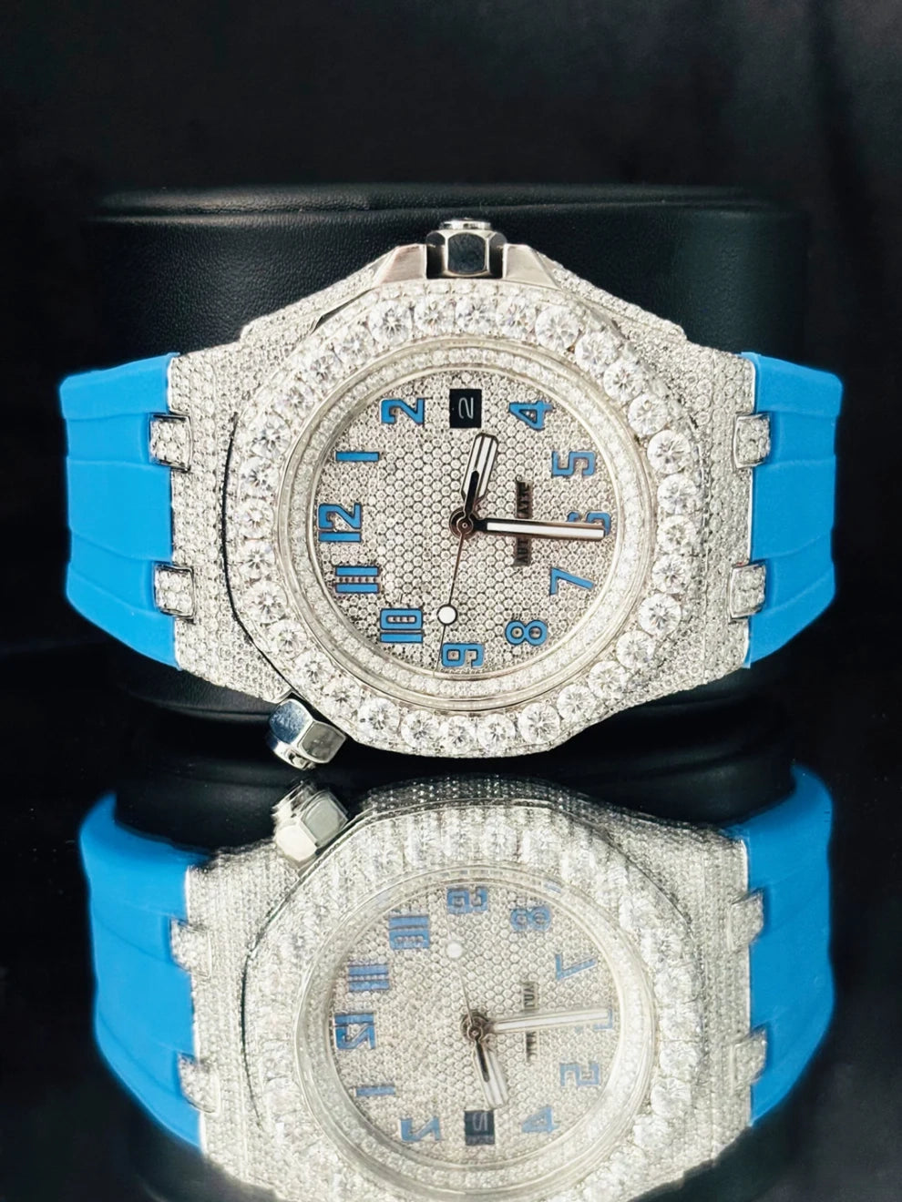 Sky Blue Silicon Straps Moissanite Bust Down Diamond Watch