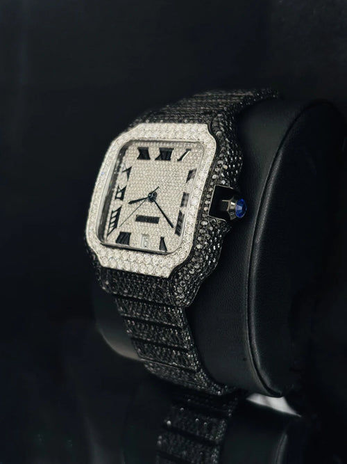 side view Custom iced-out black Cartier Santos watch with a white diamond dial and bezel