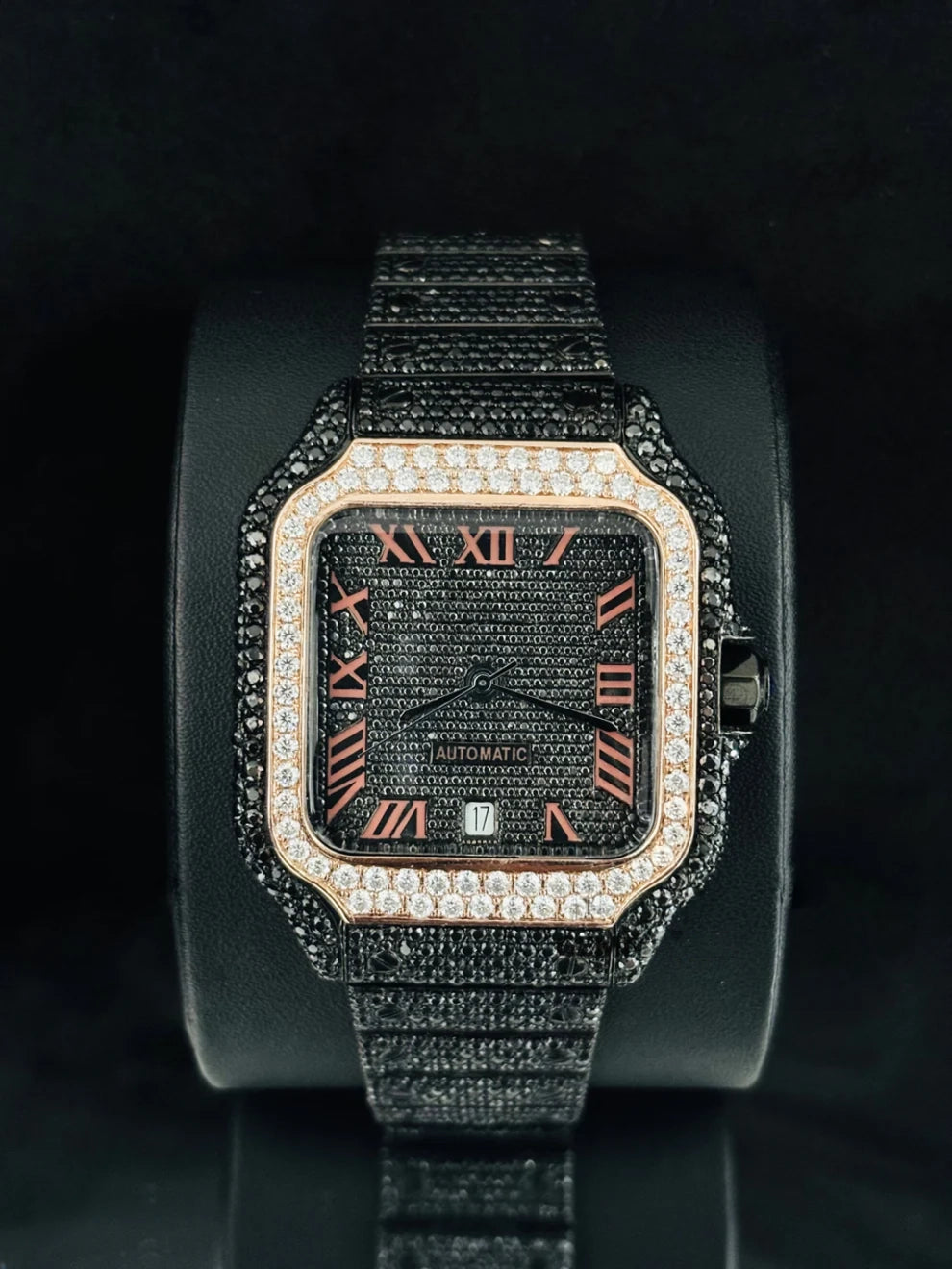 Men's Roman Number Black & White Moissanite Diamond Watch
