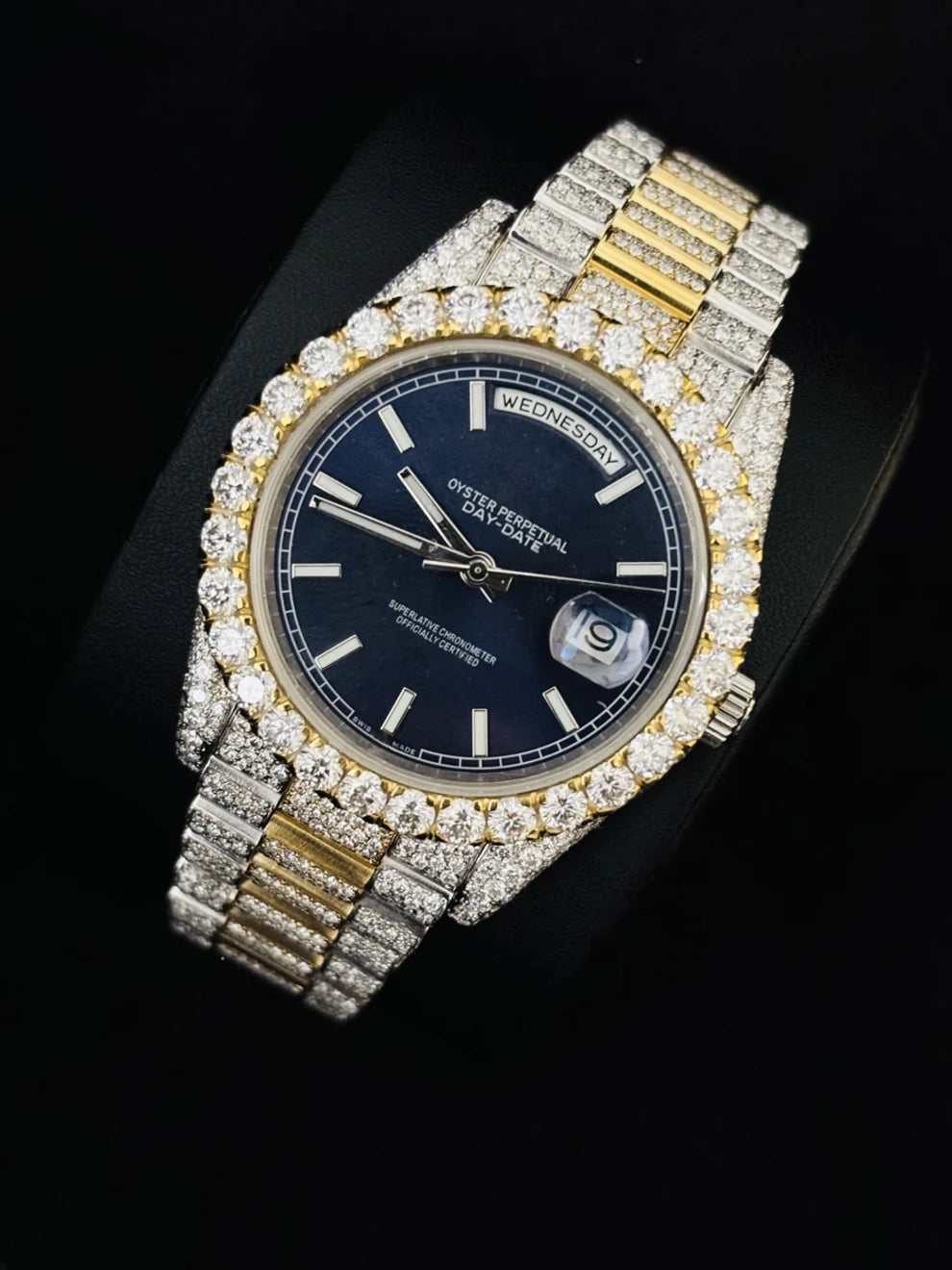 Luxury Men Stainless Steel Blue Dial Bust Down Watch