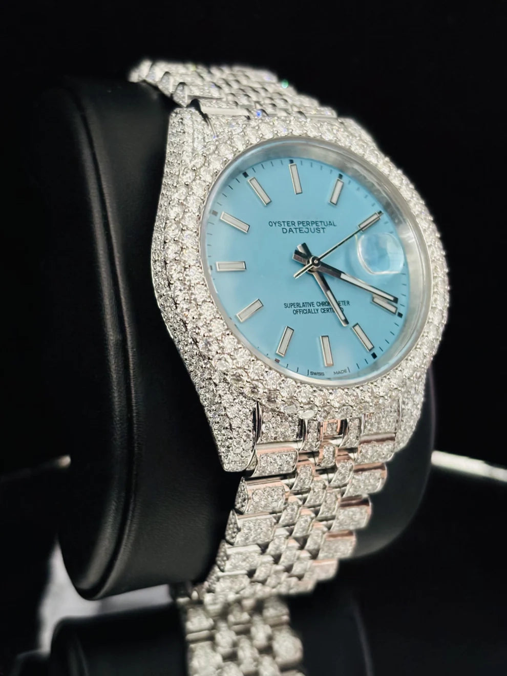 Luxury Men's Stainless Steel Sky Blue Dial Iced Out Watch