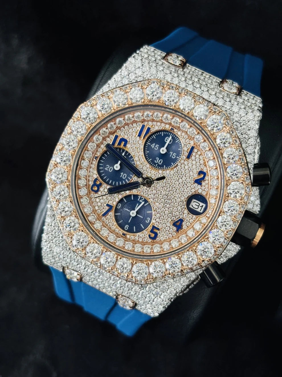 Blue Chronograph Face Dial Rubber Strap Moissanite Watch