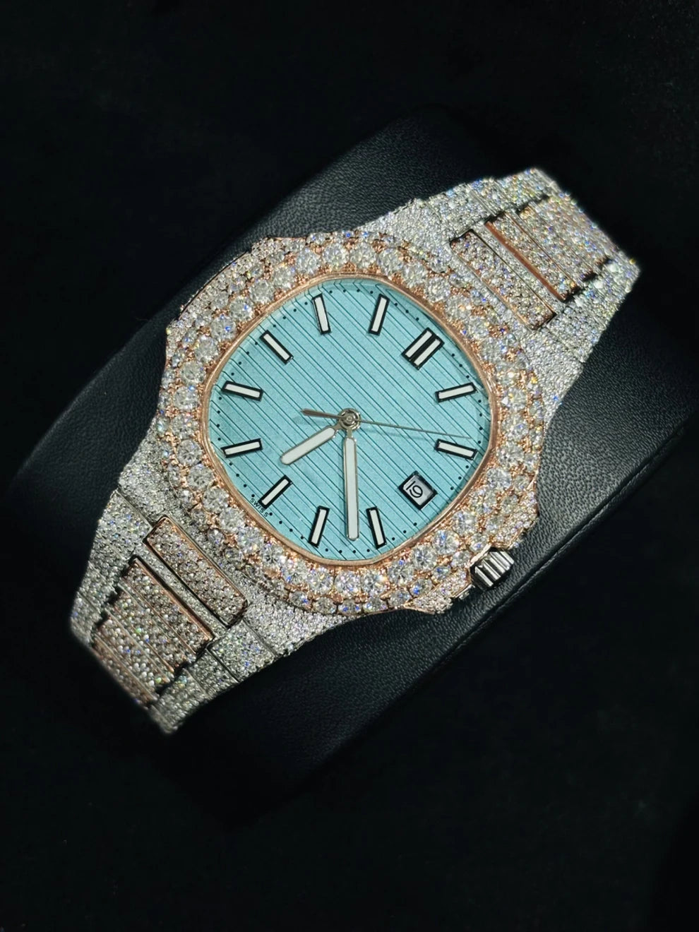 41MM Dual Tone Sky Blue Dial Iced Out Moissanite Watch