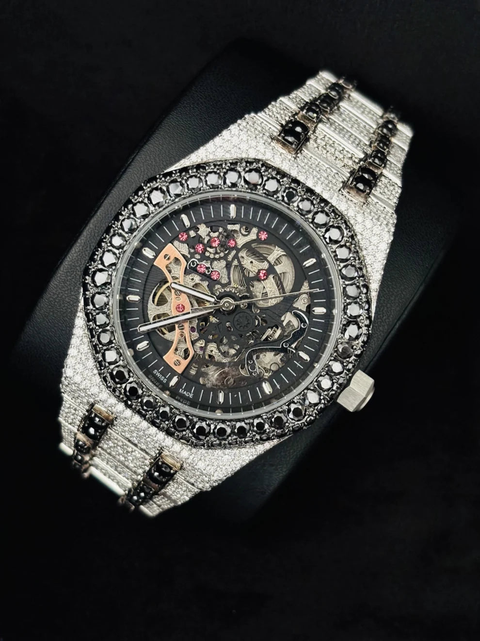Customized Black Diamond Skeleton Dial Moissanite Watch