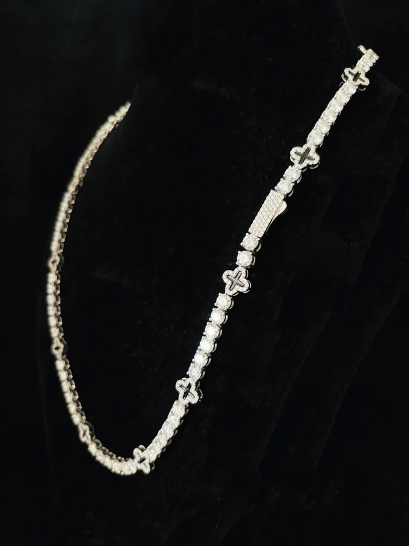 10MM Silver Round Four Leaf Clover Tennis Moissanite Chain For Men
