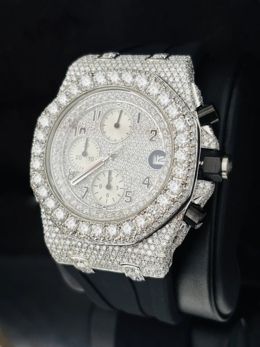 Men's Black Silicon Strap Chronograph Moissanite Watch