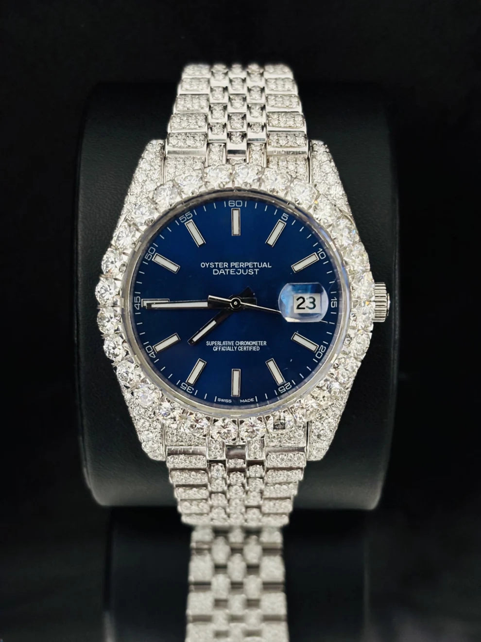 Stainless Steel Jubilee Strap Blue Dial Moissanite Watch