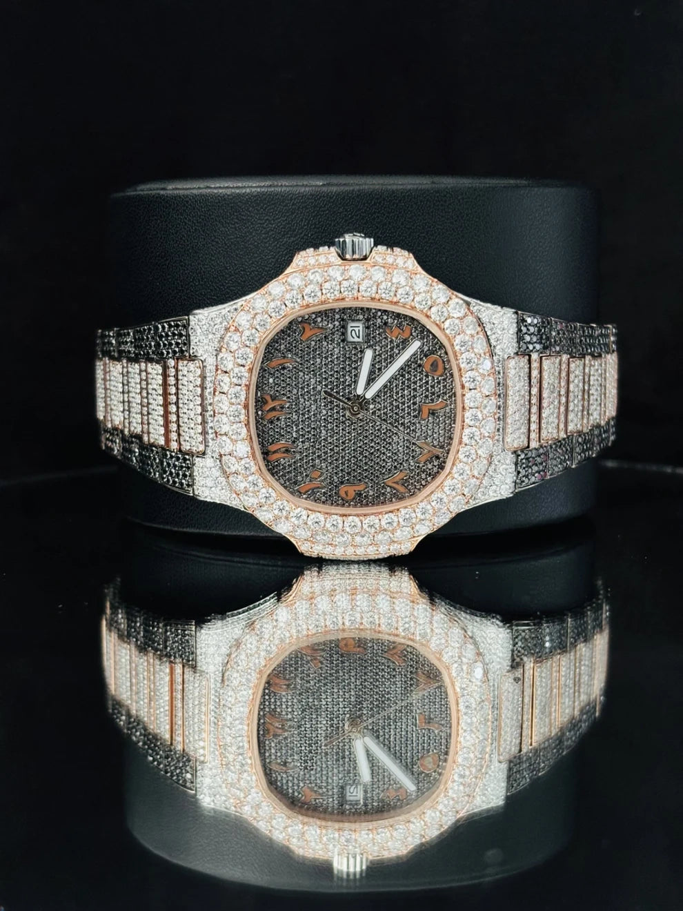 Dual Tone Black & White Diamond Iced Out Moissanite Watch