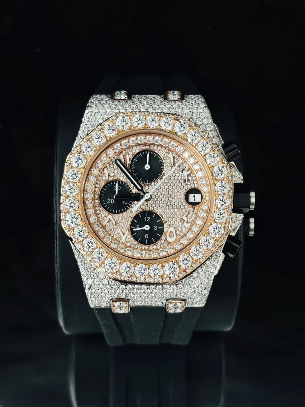 Black Rubber Straps Chronograph Moissanite Iced Out Watch