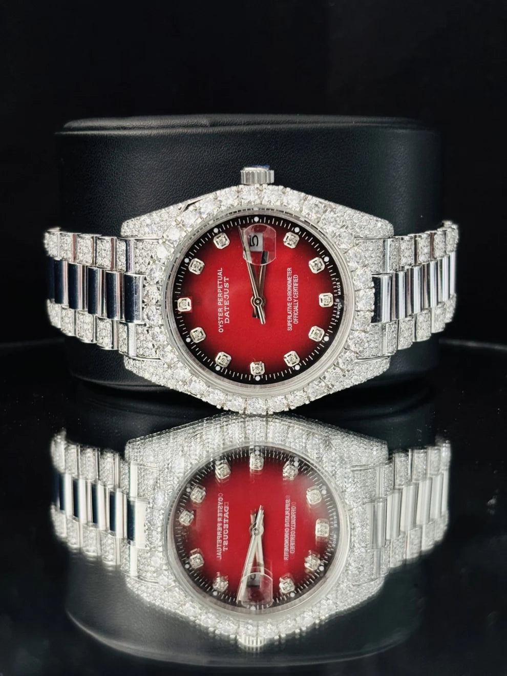 Red Black Dial Moissanite Watch For Men Presidential Strap