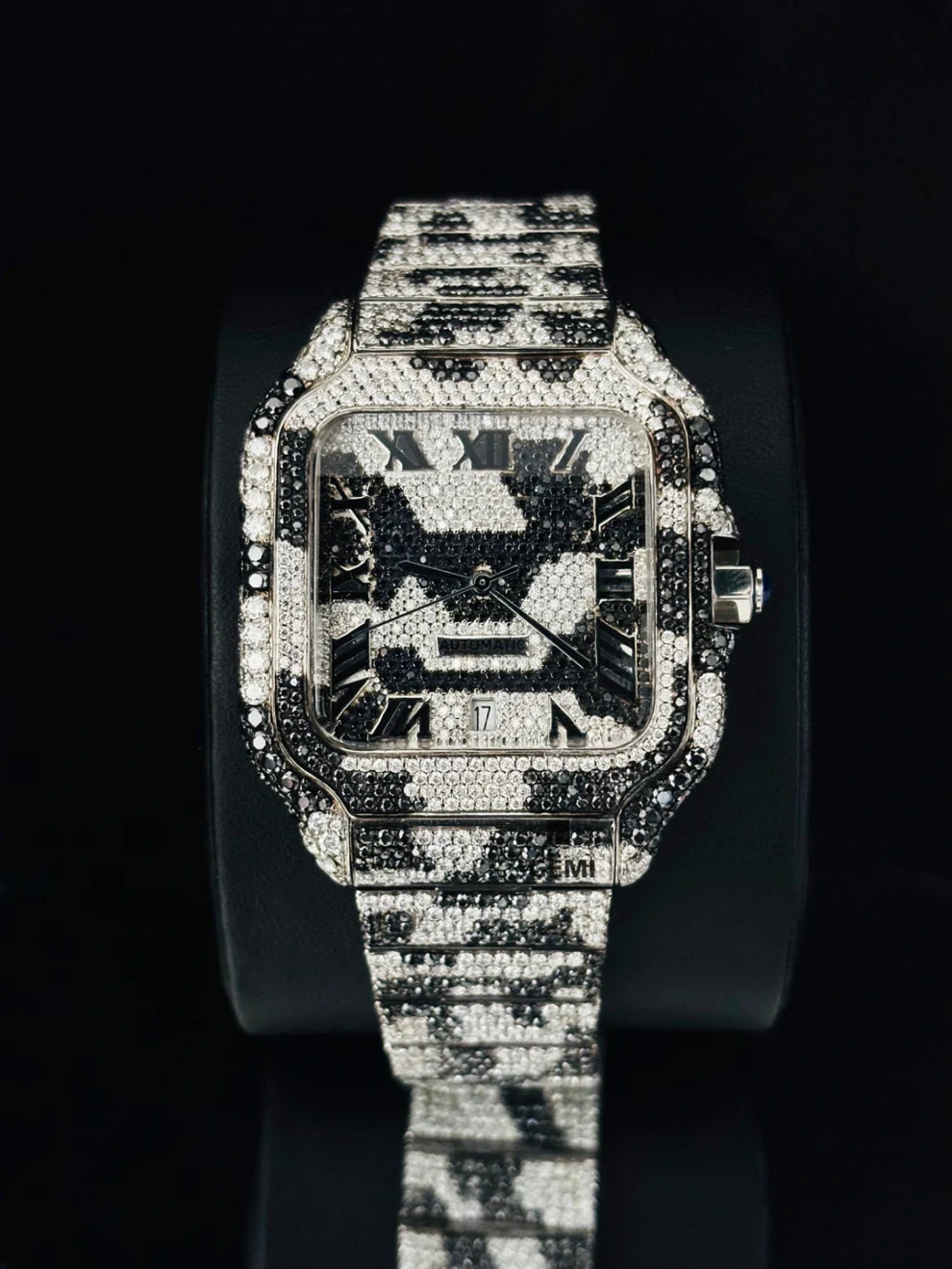 Roman Number Black & White Camo Style Moissanite Watch