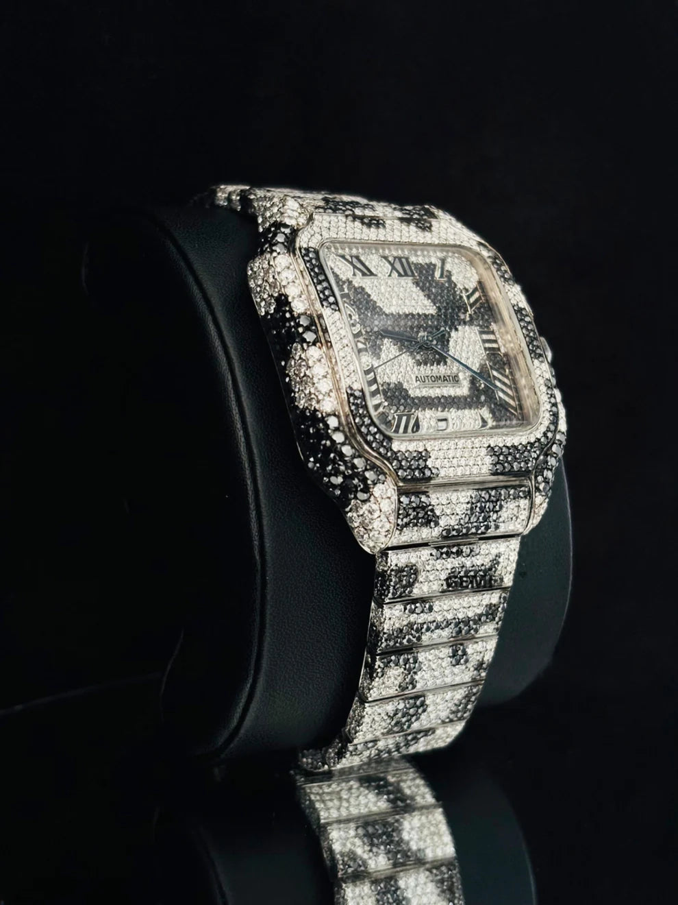 Roman Number Black & White Camo Style Moissanite Watch