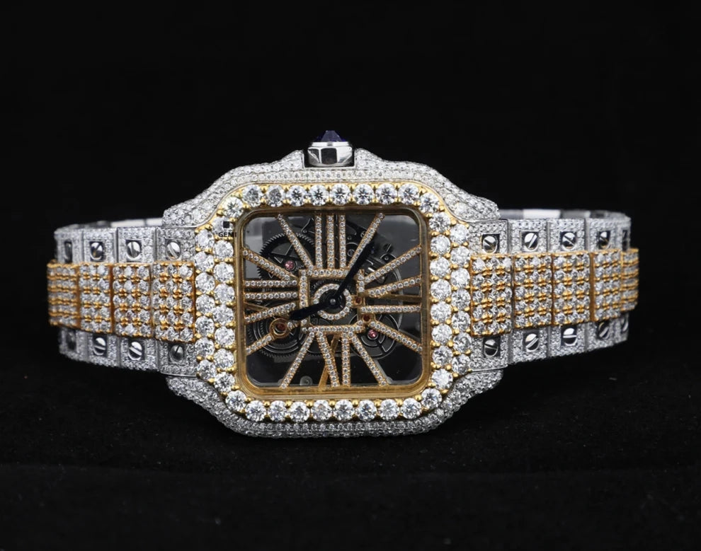 Fully VVS Moissanite Studded Two Tone Skeleton Diamond Watch