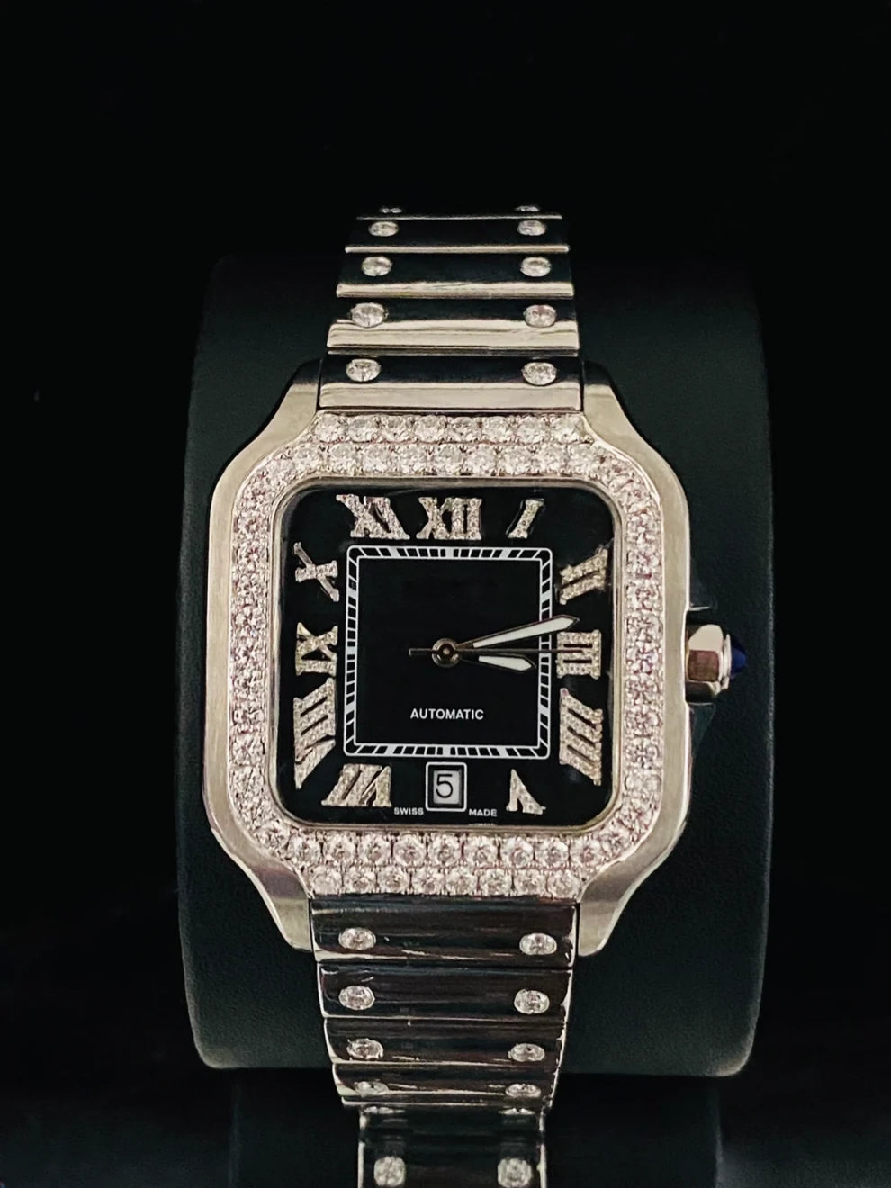 Luxury Men's Stainless Steel Iced Out Black Bezel Diamond Iced Watch