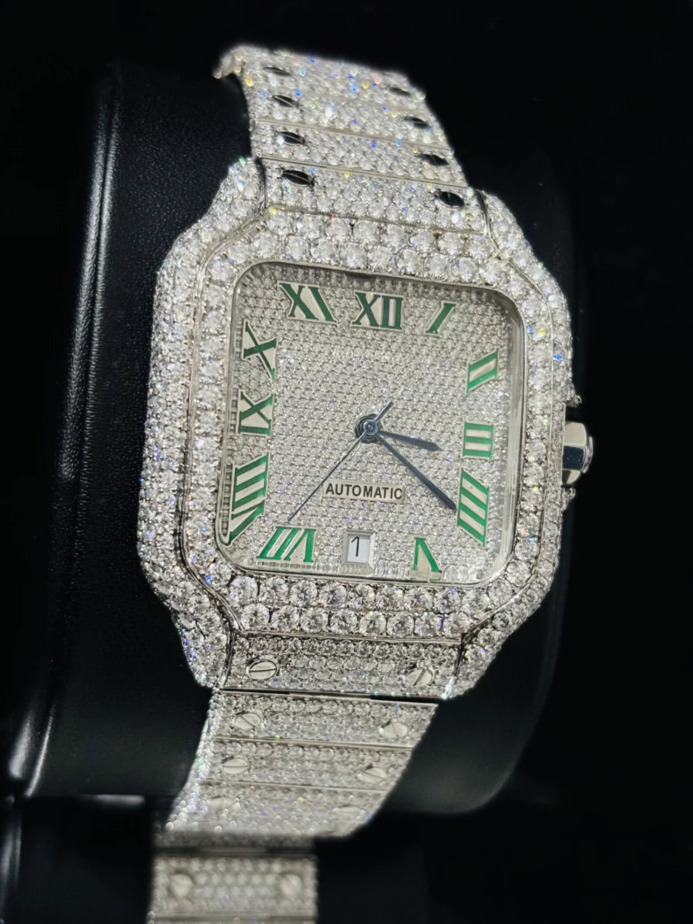 Green Roman Number Fully Studded Moissanite Watch