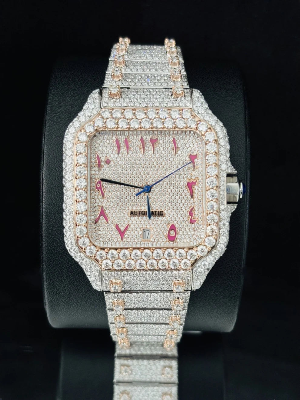Rose Gold Plated Fully Studded Moissanite Watch For Men