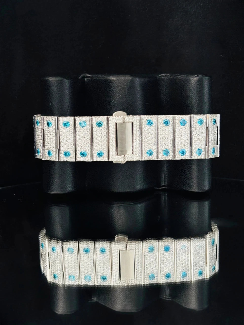 Men Sky Blue Roman Number Fully Studded Moissanite Watch