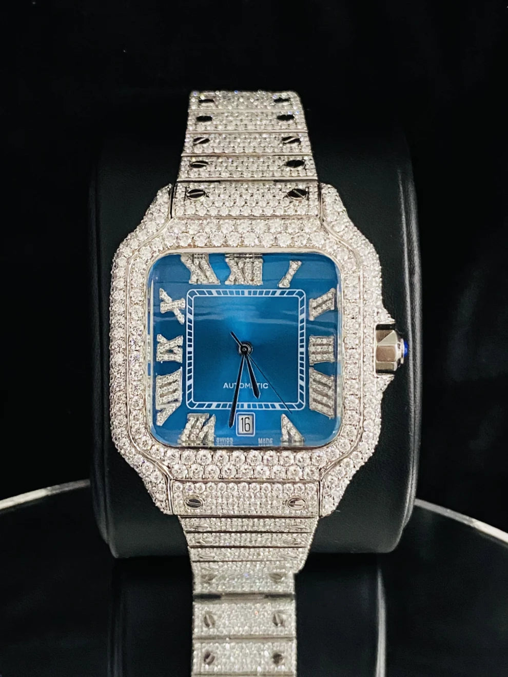 Roman Number Aqua Blue Dial Ice Out Moissanite Watch