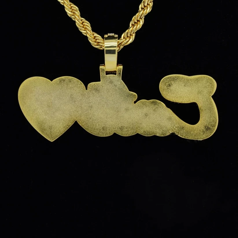 Solid back gold-plated hip hop pendant featuring a custom heart design and nameplate backing.
