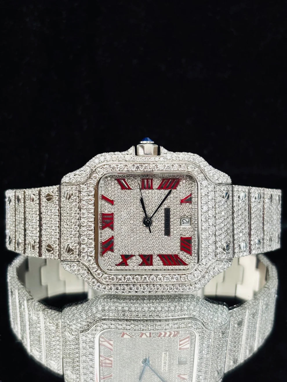 Red Roman Number VVS Moissanite Studded Iced Out Watch