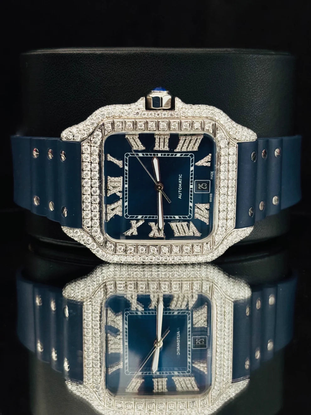 Silicone Rubber Strap and Blue Bezel Dial Moissanite Watch