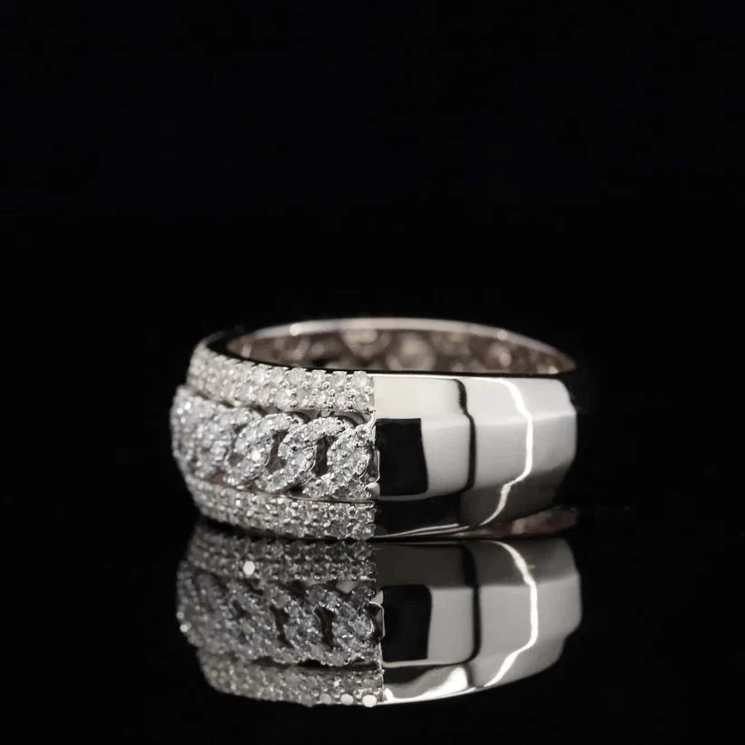 Mens white gold diamond Cuban link ring with half polished band and pavé settings 