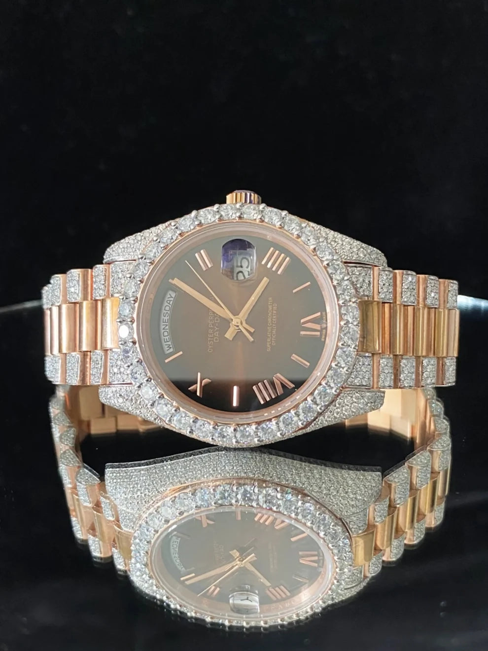 Chocolate Dial Roman Number Diamond Moissanite Watch