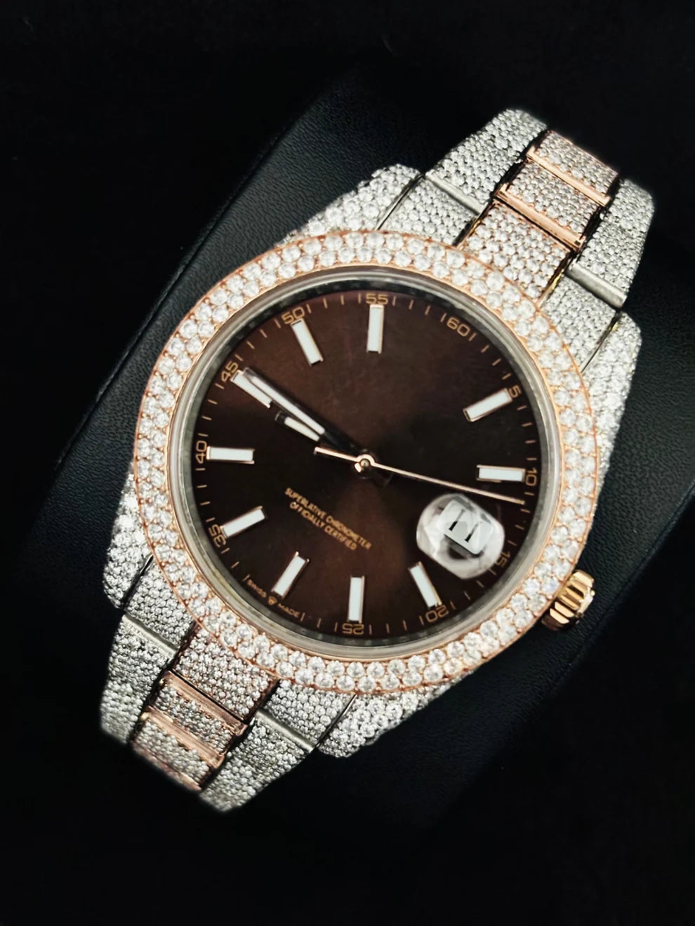 41MM Fully Iced Out Moissanite Chocolate Dial Watch