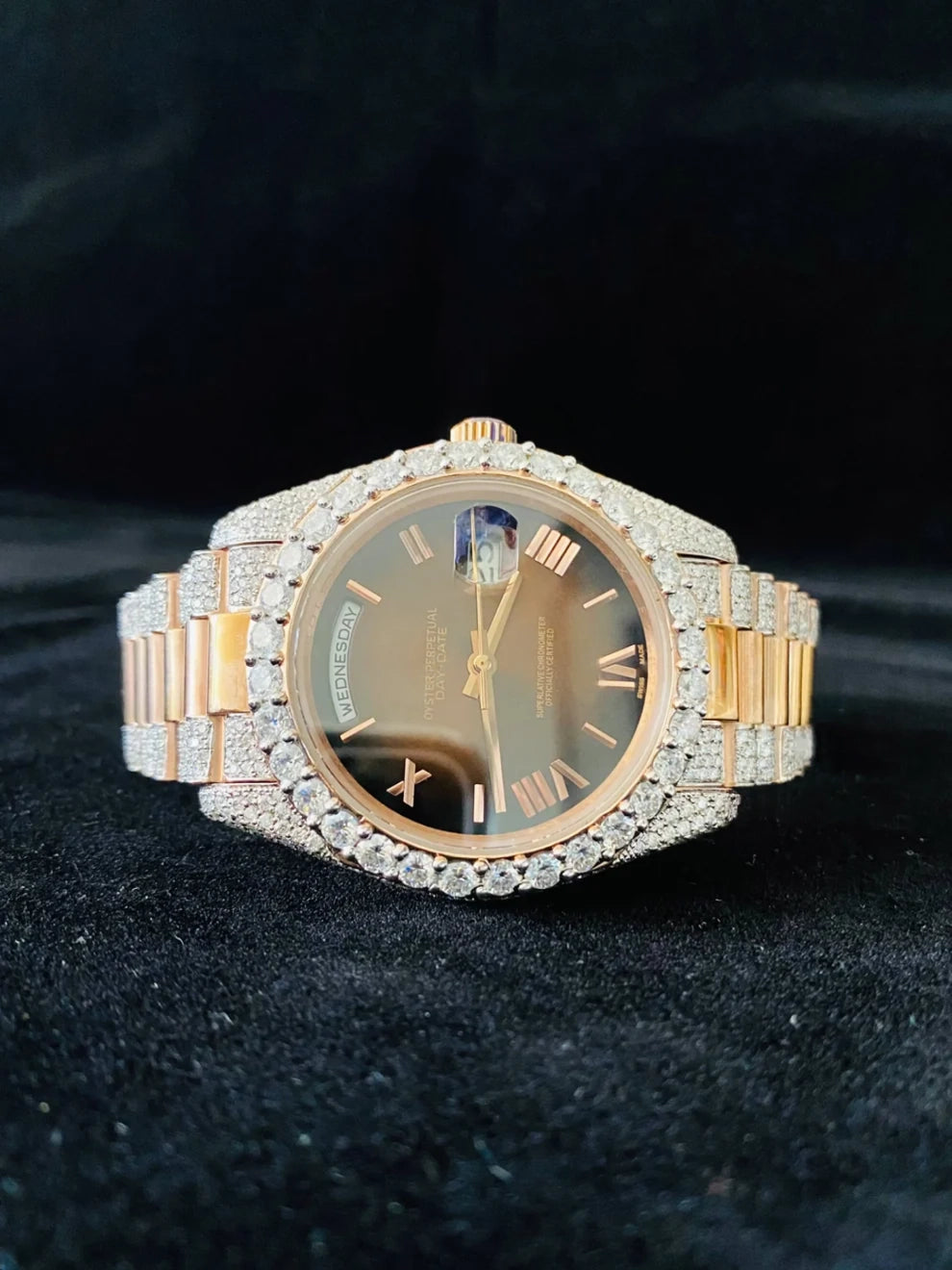Chocolate Dial Roman Number Diamond Moissanite Watch