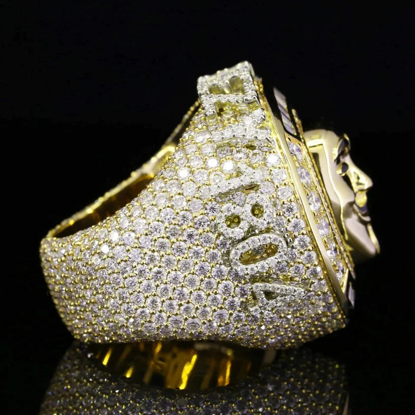 Custom diamond iced out ring in yellow gold plated with 1804 engraving