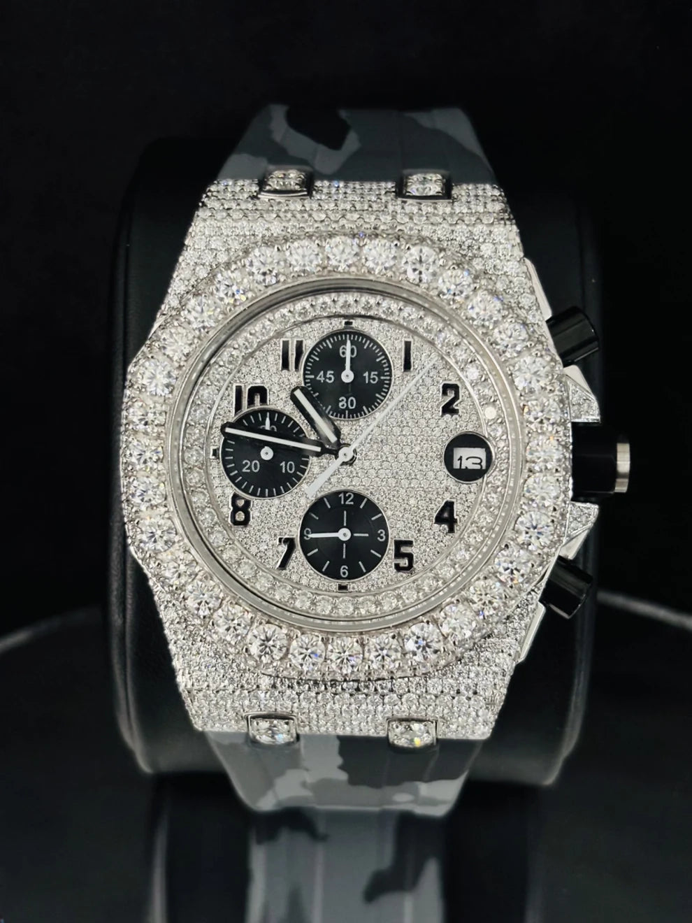 Military Silicon Strap Chronograph Moissanite Diamond Watch