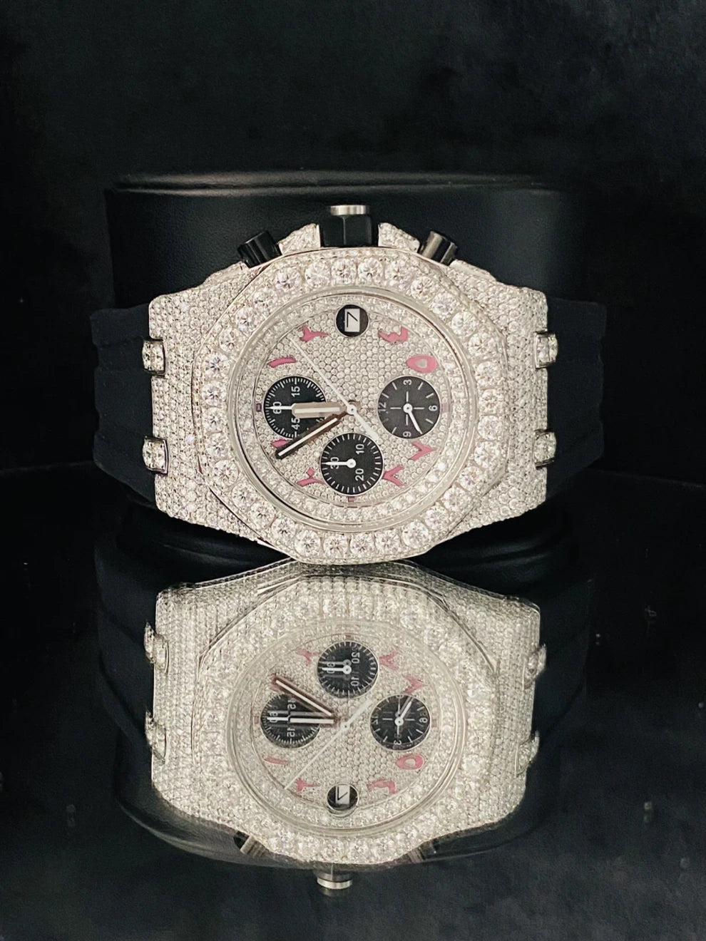 Black Rubber Strap Multi Chronograph VVS Moissanite Watch