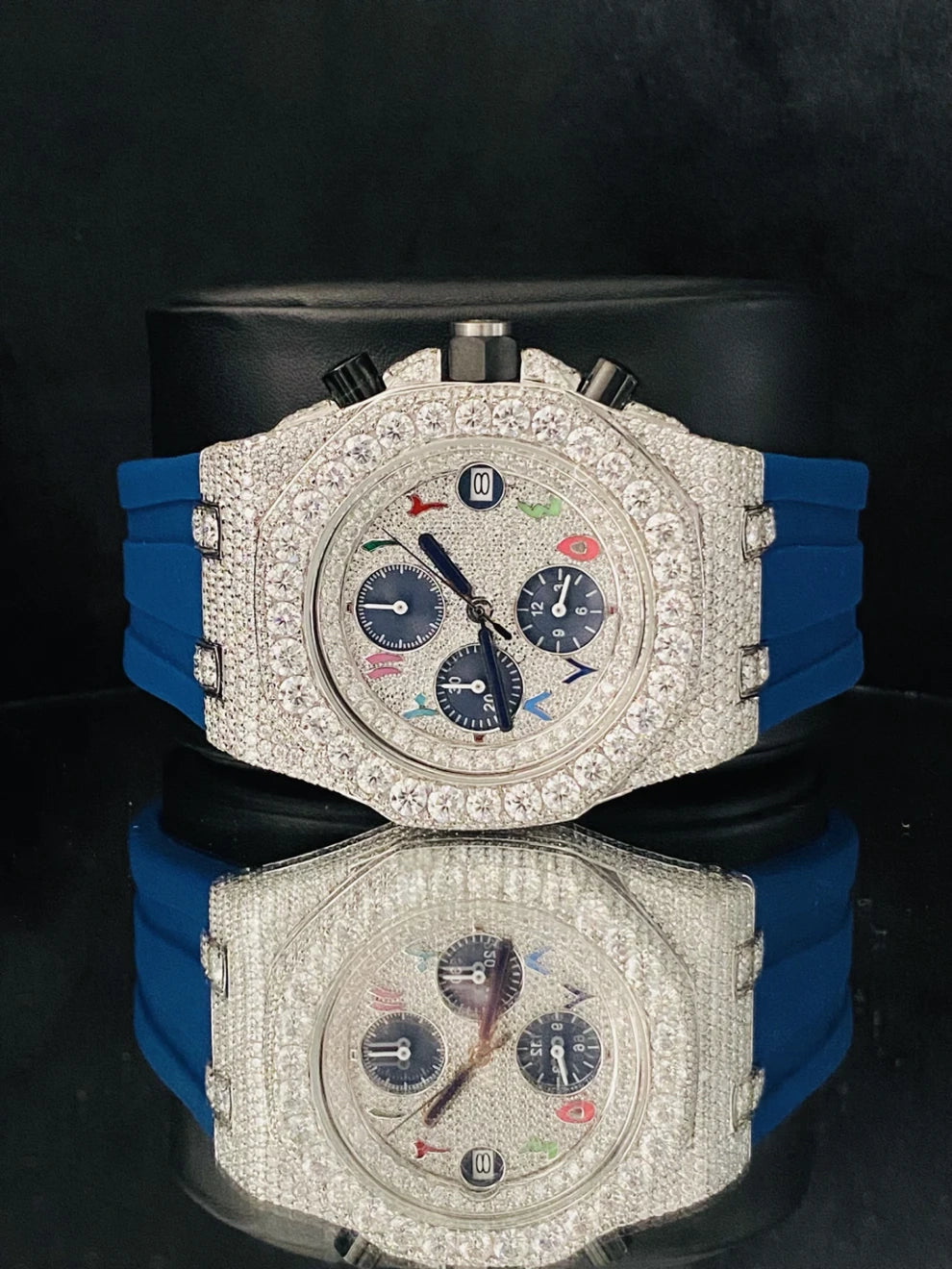 Colorful Arabic Number Blue Rubber Strap Moissanite Watch