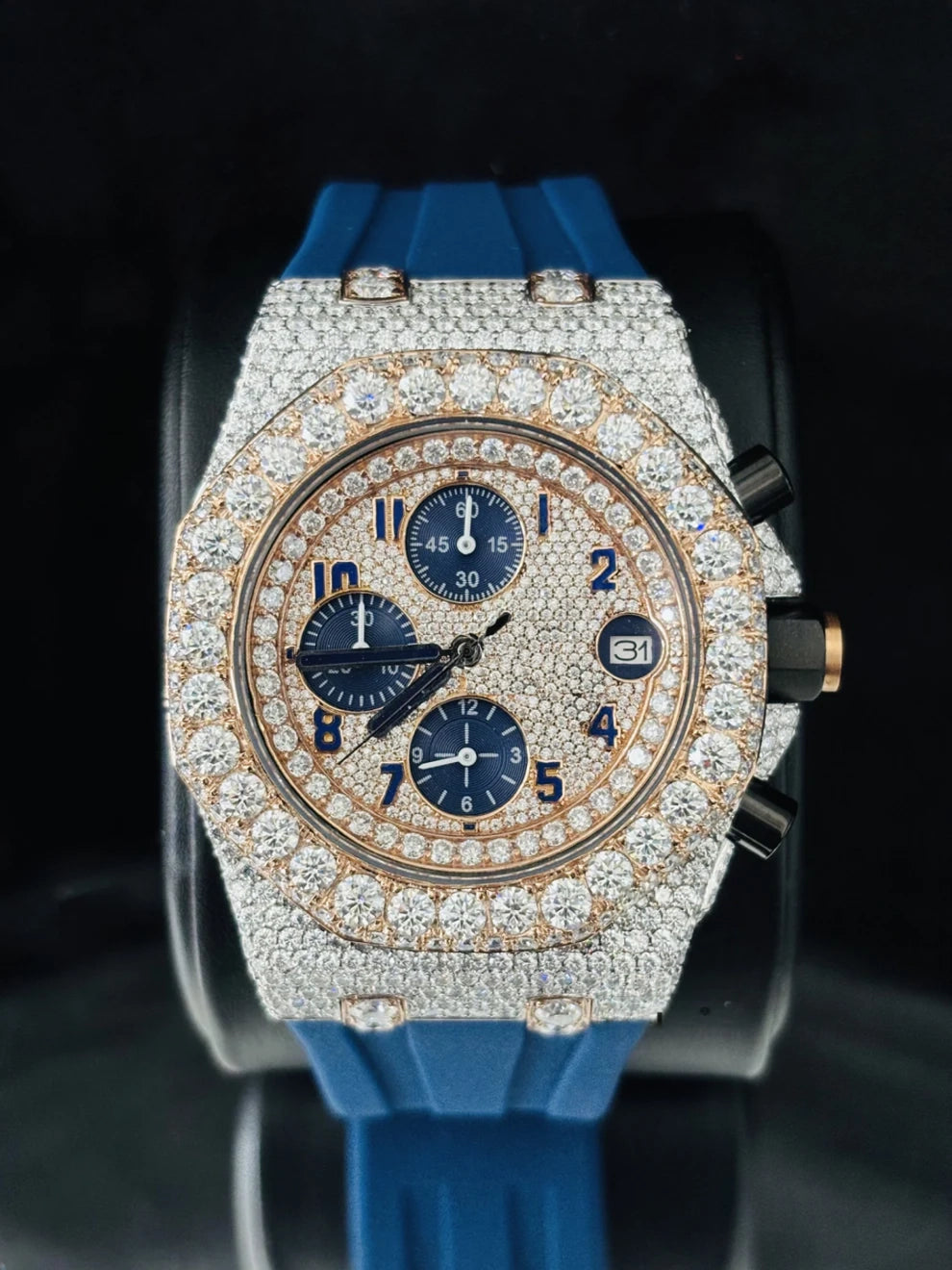 Blue Chronograph Face Dial Rubber Strap Moissanite Watch