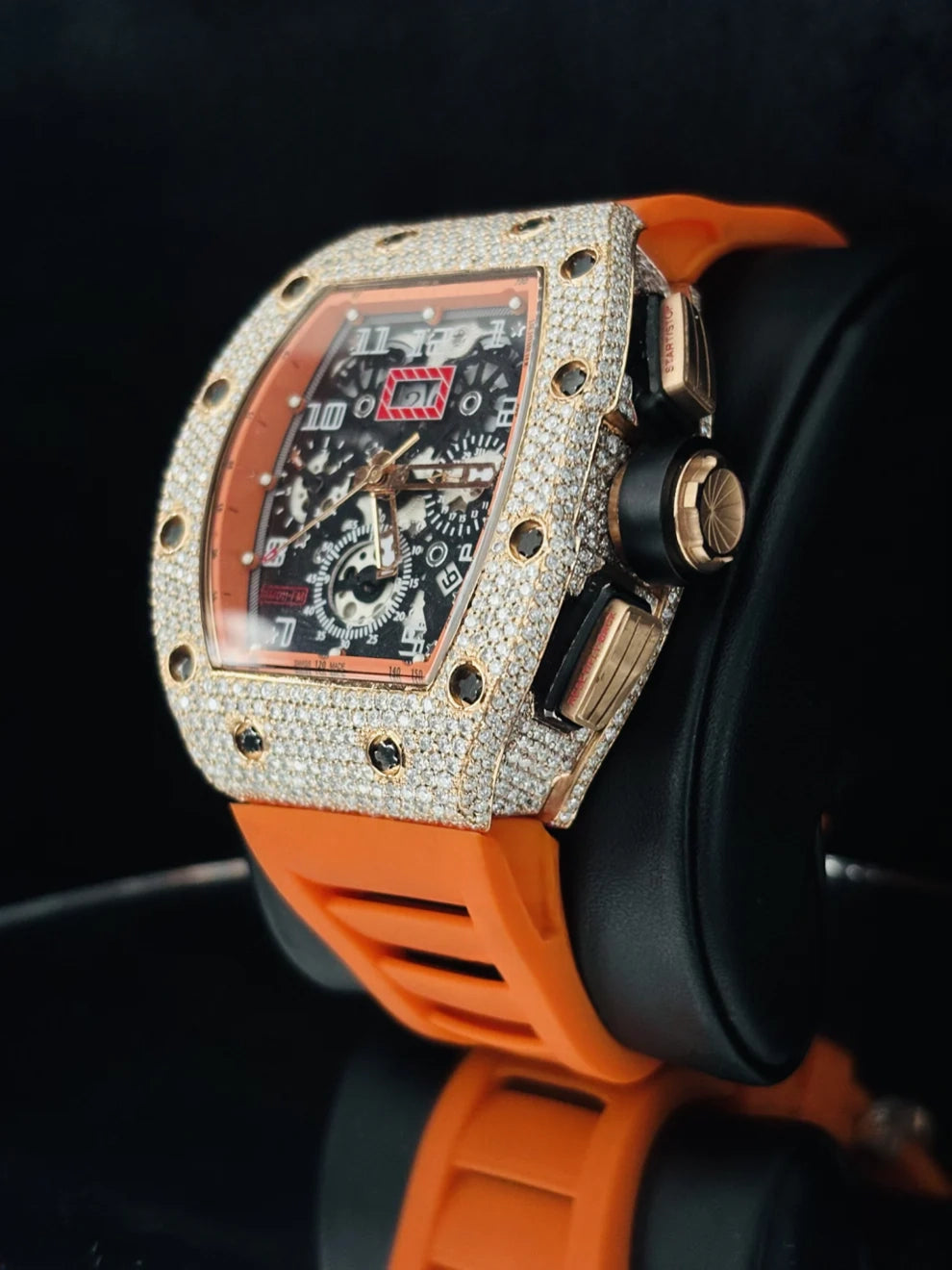 Orange Silicon Strap Skeleton Dial Moissanite Watch