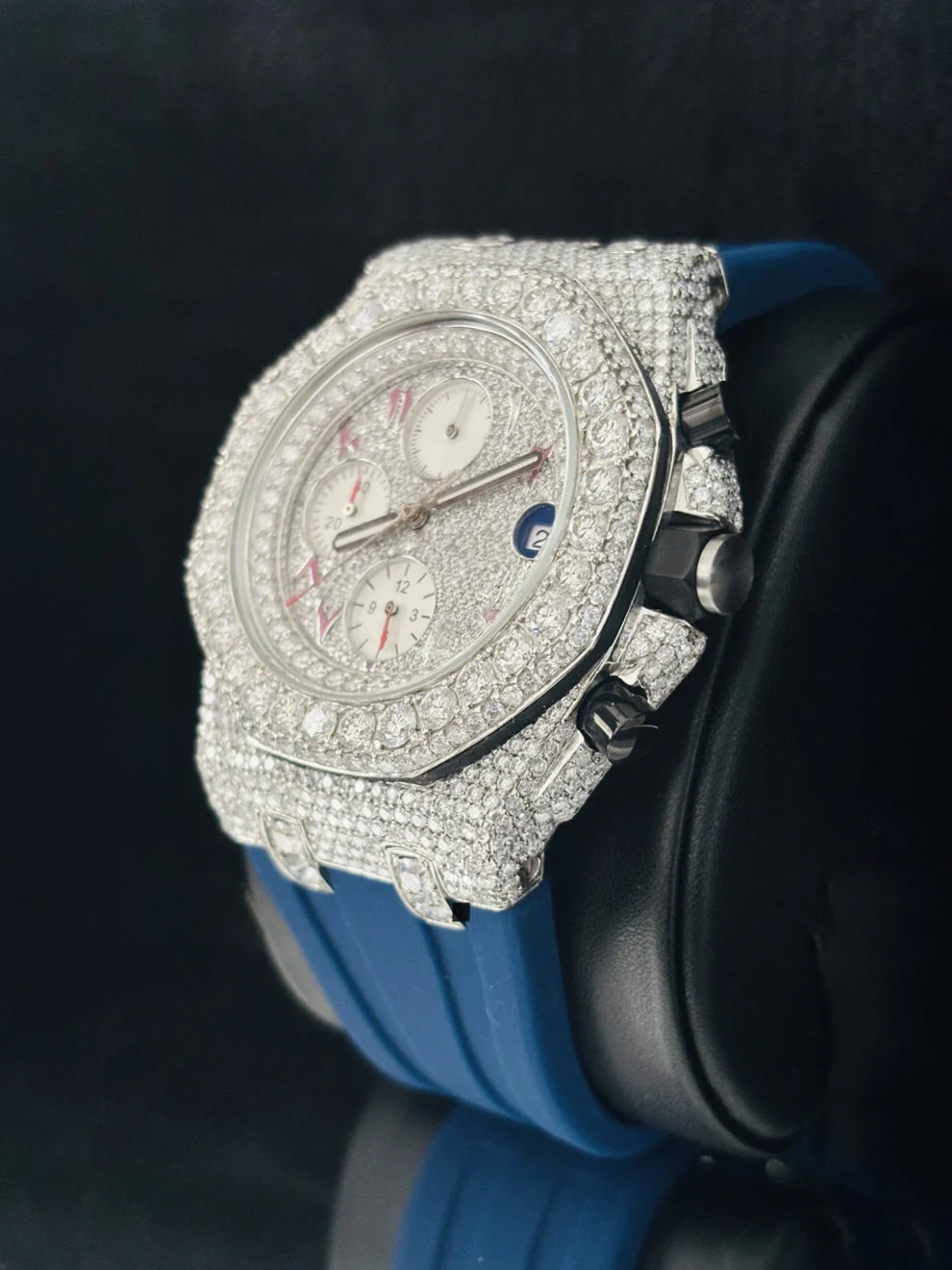 Blue Silicon Strap Fully Face Dial Moissanite Diamond Watch